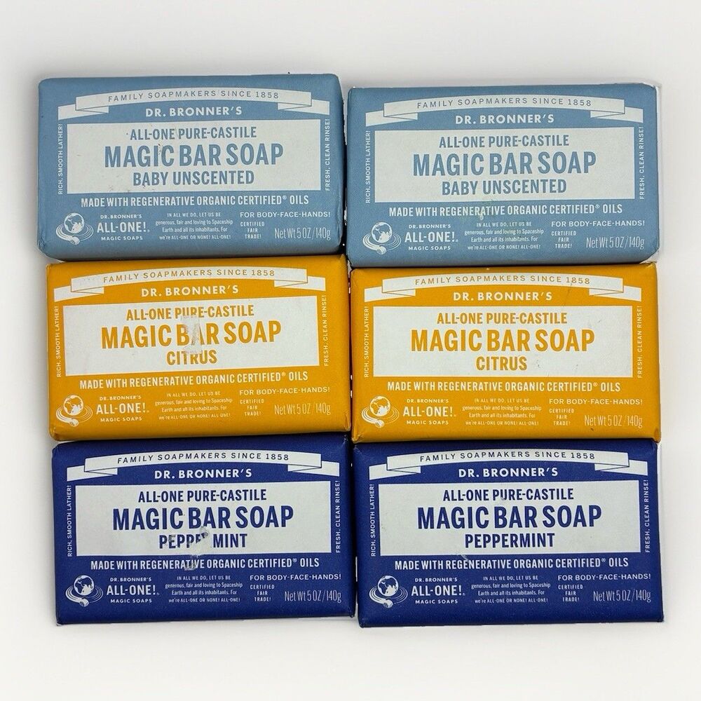 Dr. Bronner‘S Castile Magic Bar Soap Variety 6 Pack Unscented Citrus Peppermint